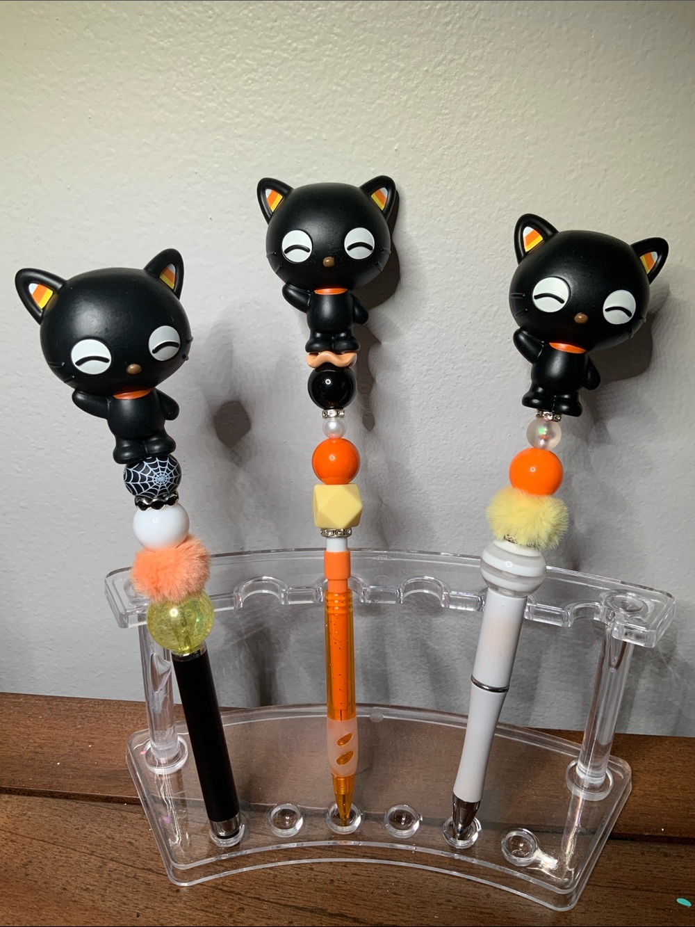 Cute Black Cat Beaded Pen Trio